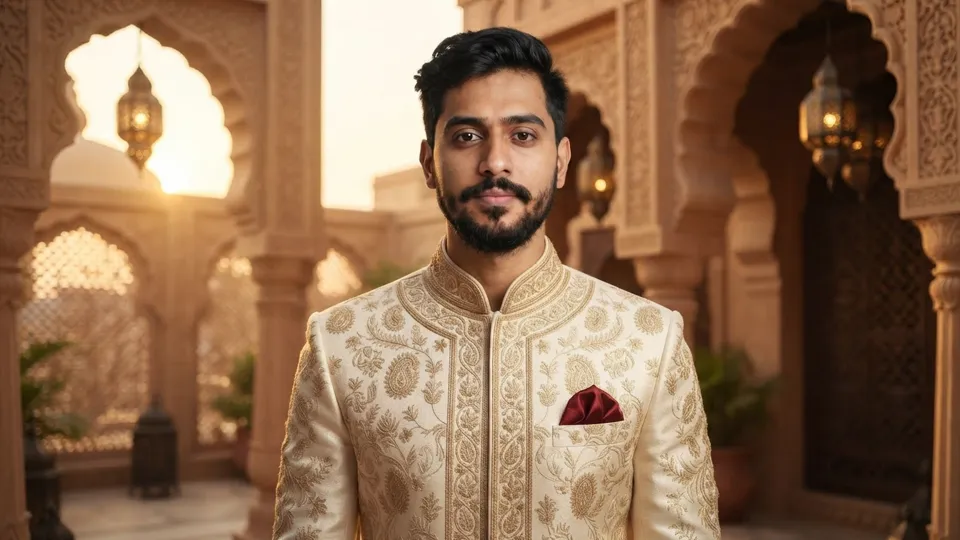 The same man in an ivory sherwani with gold embroidery and a maroon pocket square, in a palace courtyard at golden hour