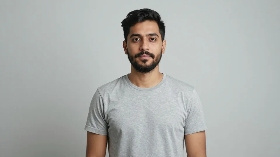 Studio portrait of a man with a trimmed beard in a plain grey t-shirt against a light grey wall