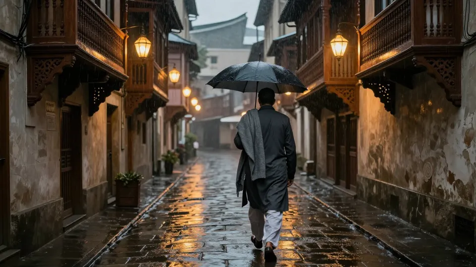 A rainy old-city lane at night lit by hanging lanterns, a man in a charcoal shalwar kameez and grey shawl walking away under a black umbrella