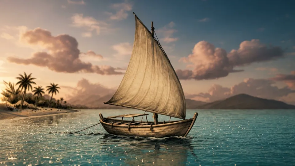 The same dhow as a golden-hour photograph on a glittering turquoise sea