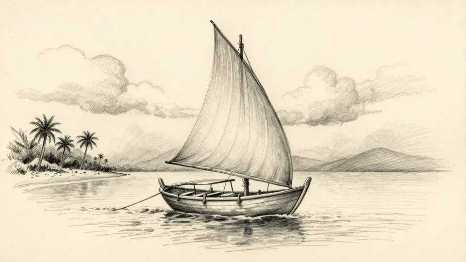 Pencil sketch of a wooden dhow with a triangular sail beside a palm-lined shore